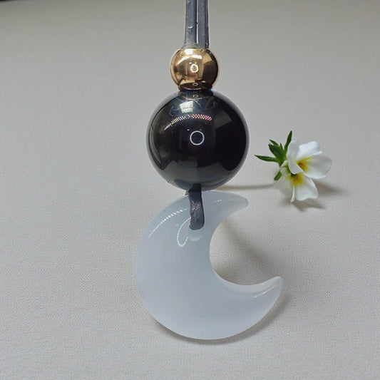 Cat Eye Necklace Moon Pendant, Obsidian Natural Gemstone Chunky Geometric Selenite Jewelry, Gift for Him Her, Adjustable Leather Cord