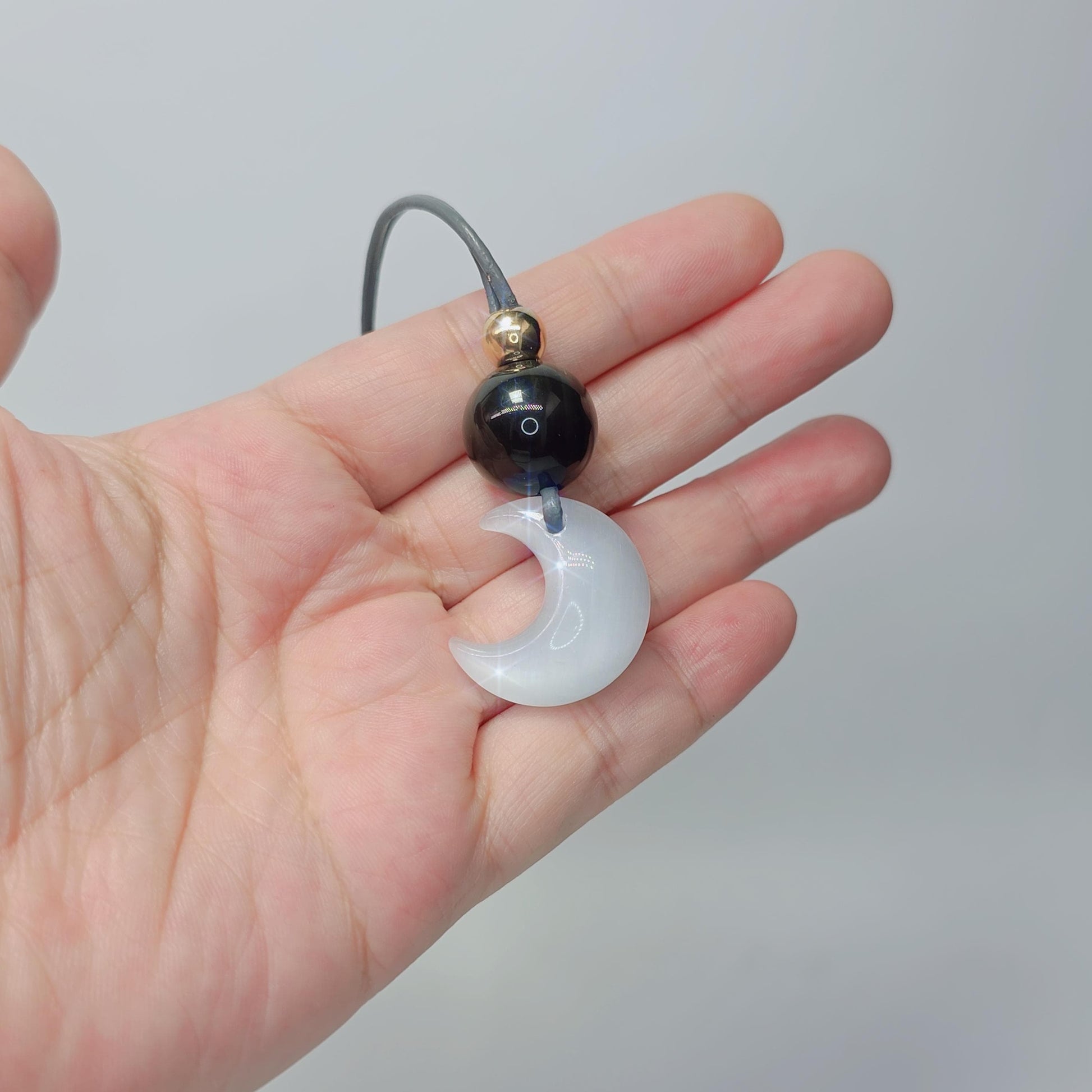 Cat Eye Necklace Moon Pendant, Obsidian Natural Gemstone Chunky Geometric Selenite Jewelry, Gift for Him Her, Adjustable Leather Cord