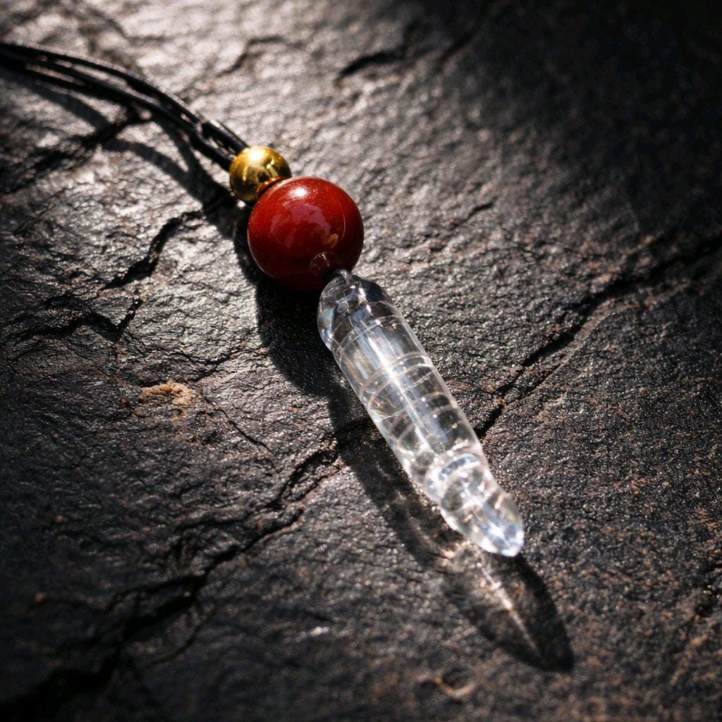 Clear Quartz Necklace Crystal Pen Point Pendant, Red Carnelian Natural Gemstone Chunky Geometric Jewelry, Adjustable Leather Cord