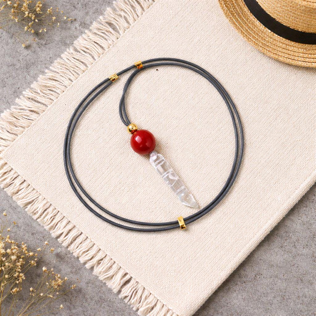 Clear Quartz Necklace Crystal Pen Point Pendant, Red Carnelian Natural Gemstone Chunky Geometric Jewelry, Adjustable Leather Cord
