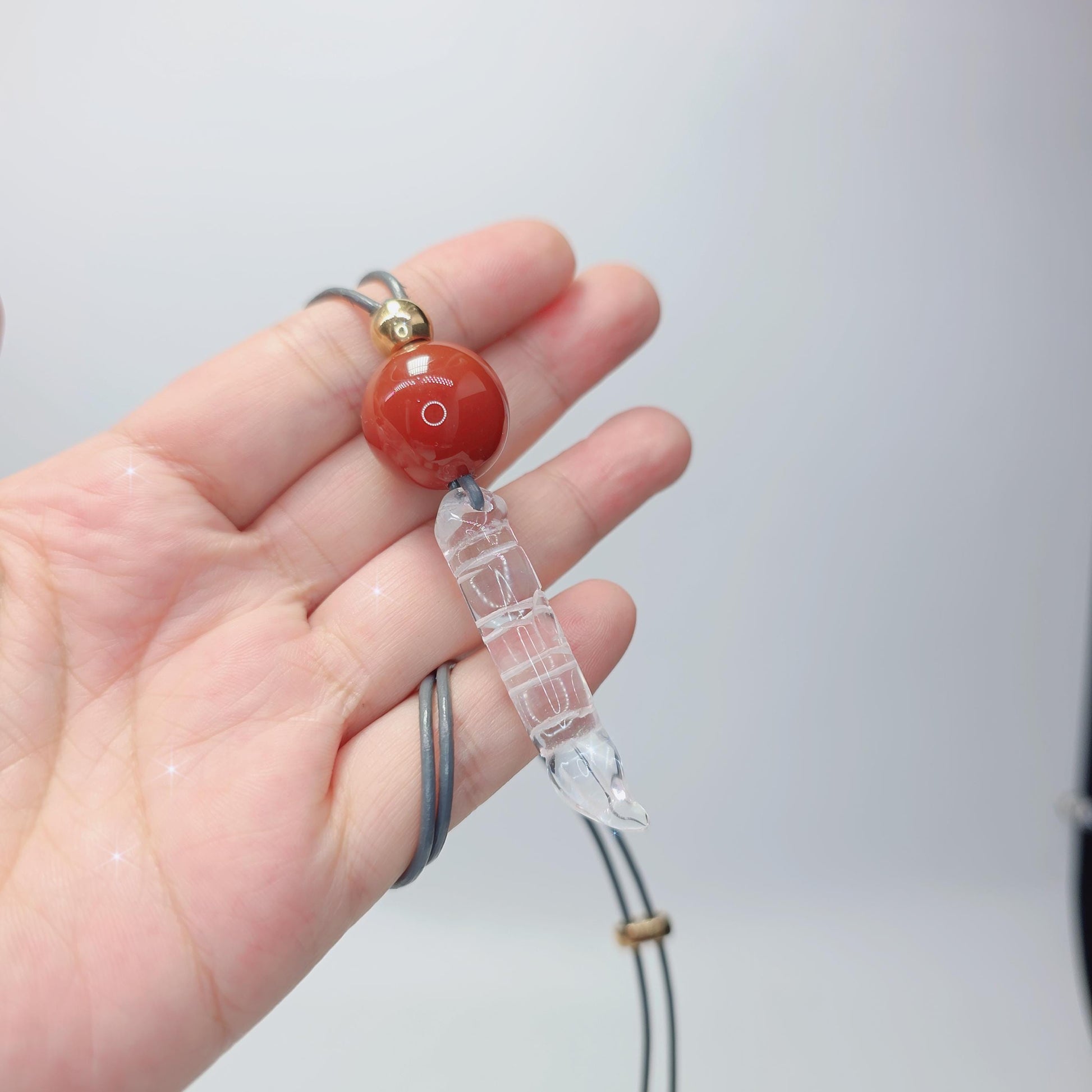 Clear Quartz Necklace Crystal Pen Point Pendant, Red Carnelian Natural Gemstone Chunky Geometric Jewelry, Adjustable Leather Cord