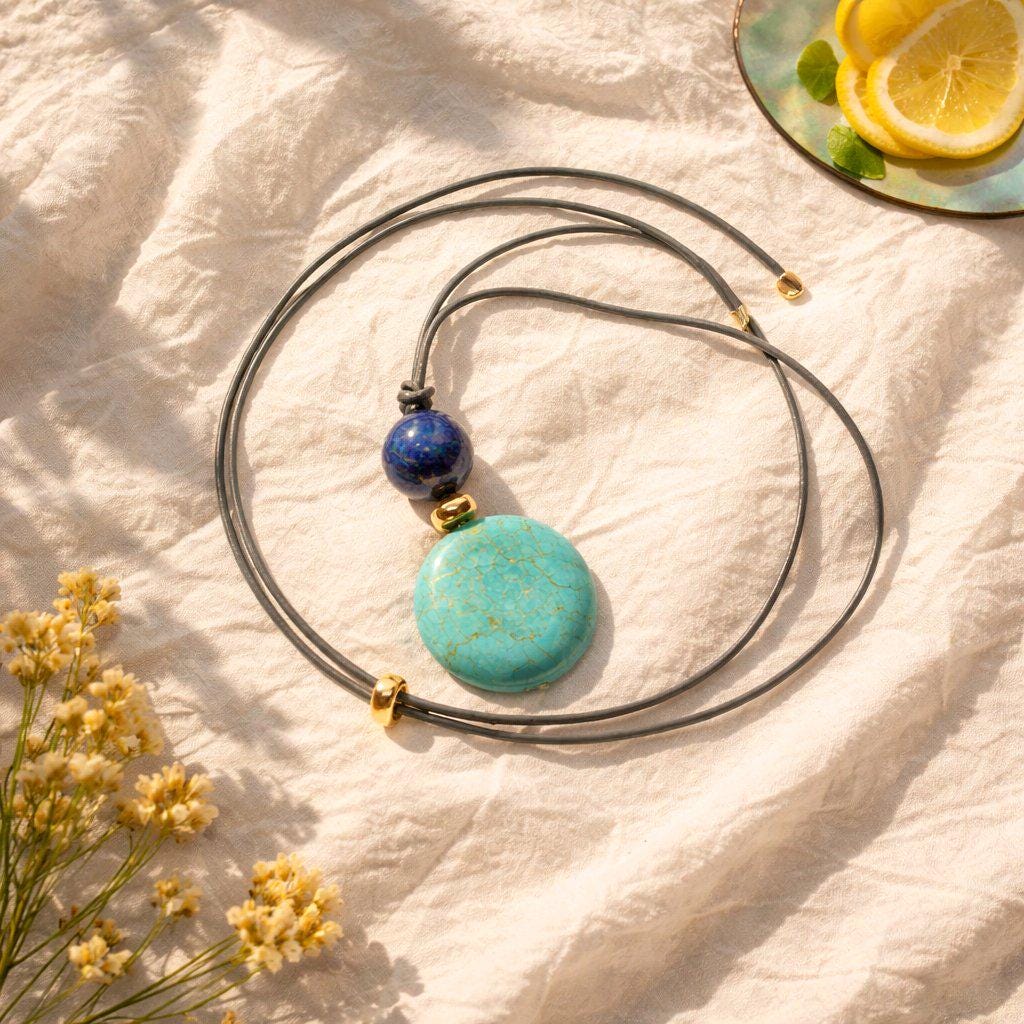 Turquoise Necklace Lapis Lazuli Pendant, Natural Blue Gemstone Chunky Geometric Jewelry, Adjustable Leather Cord