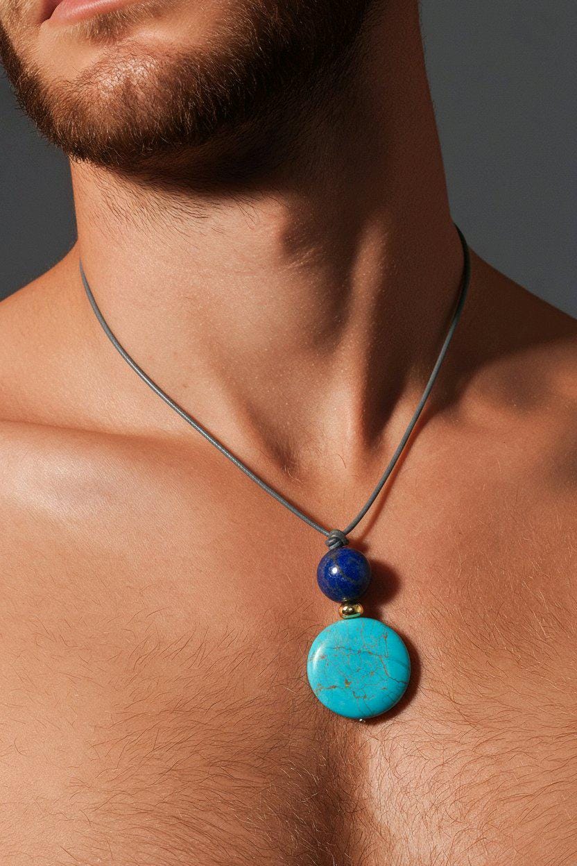 Turquoise Necklace Lapis Lazuli Pendant, Natural Blue Gemstone Chunky Geometric Jewelry, Adjustable Leather Cord
