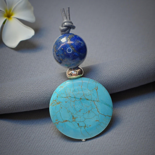 Turquoise Necklace Lapis Lazuli Pendant, Natural Blue Gemstone Chunky Geometric Jewelry, Adjustable Leather Cord