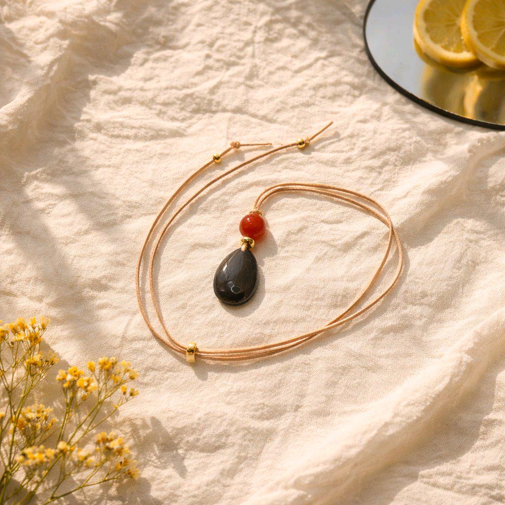 Obsidian Necklace Teardrop Pendant, Red Carnelian Natural Gemstone Chunky Geometric Jewelry, Adjustable Leather Cord