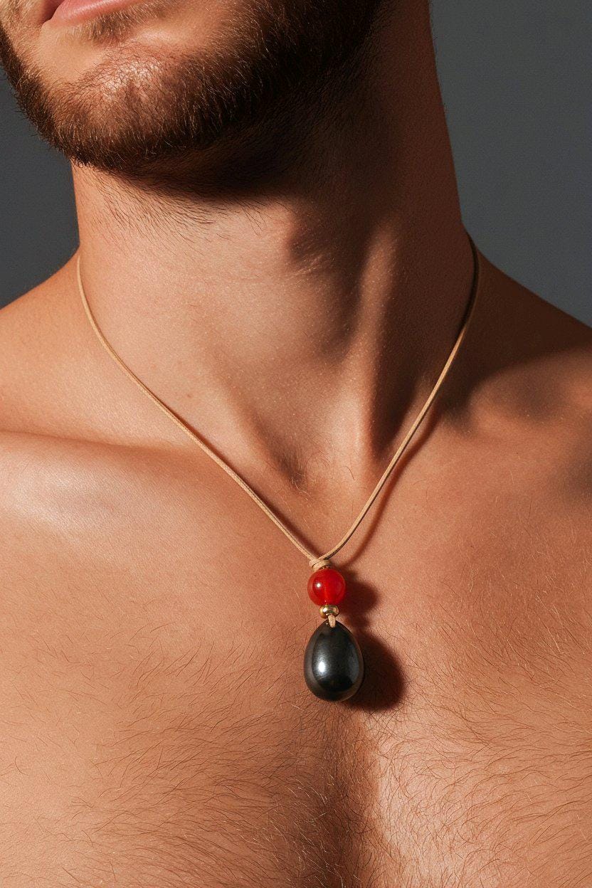 Obsidian Necklace Teardrop Pendant, Red Carnelian Natural Gemstone Chunky Geometric Jewelry, Adjustable Leather Cord