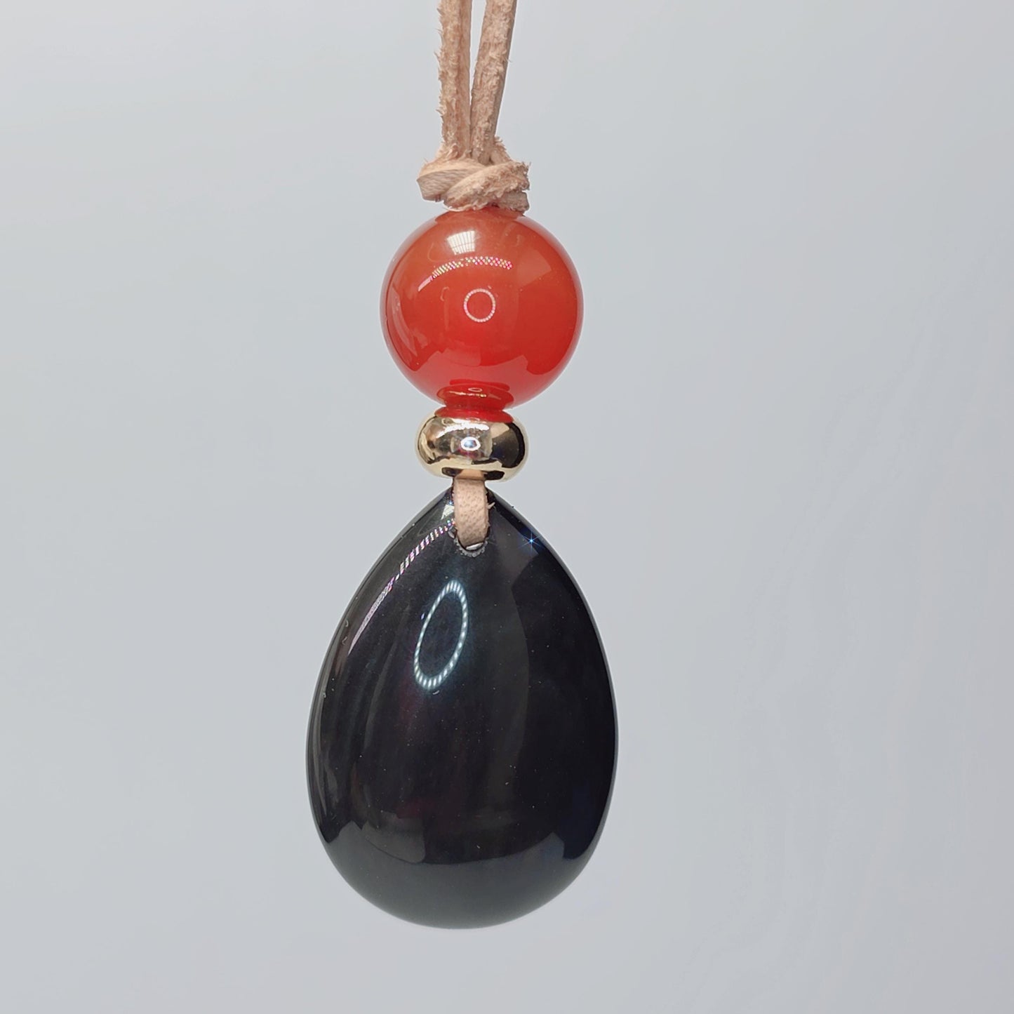Obsidian Necklace Teardrop Pendant, Red Carnelian Natural Gemstone Chunky Geometric Jewelry, Adjustable Leather Cord