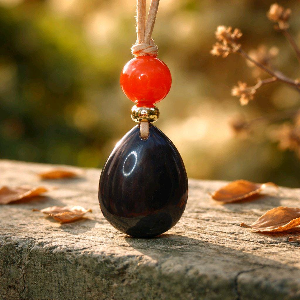 Obsidian Necklace Teardrop Pendant, Red Carnelian Natural Gemstone Chunky Geometric Jewelry, Adjustable Leather Cord