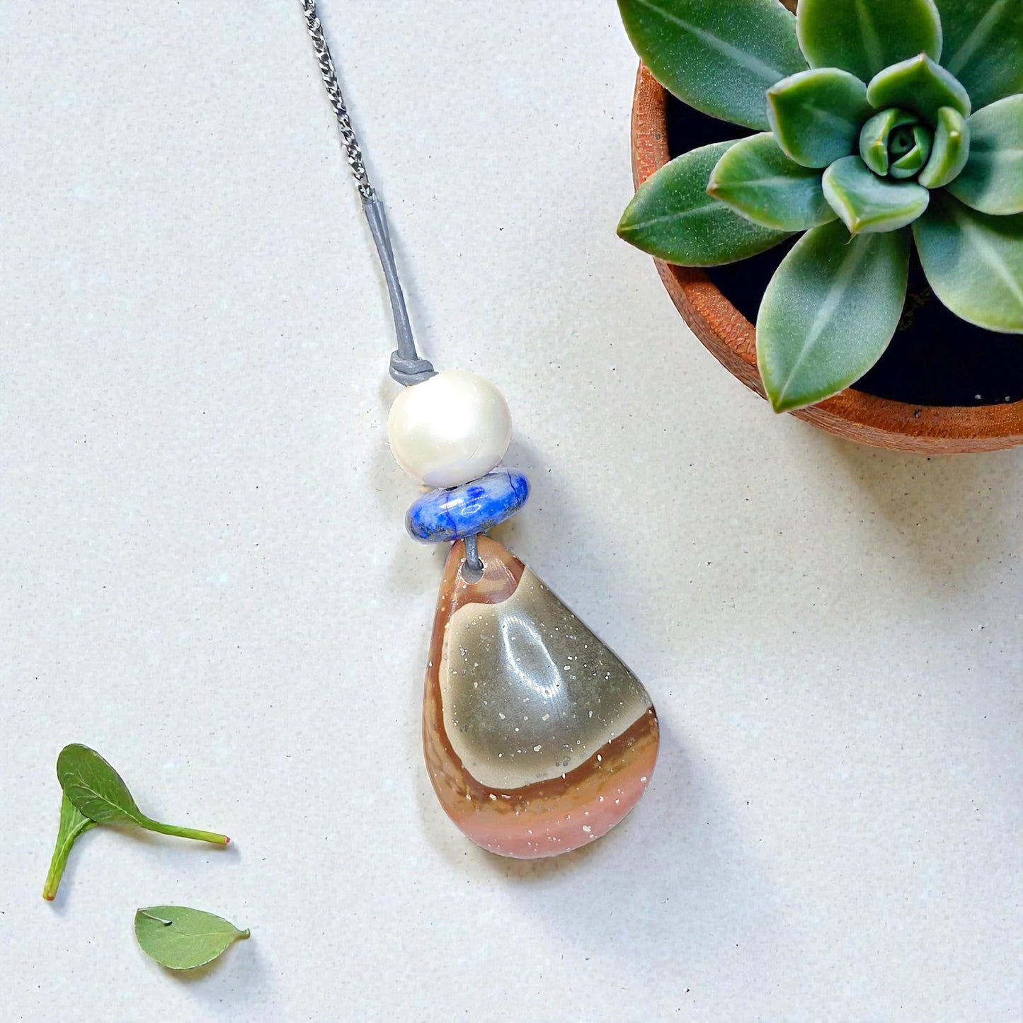 Ocean Jasper Necklace Baroque Pearl Lapis Lazuli Pendant Geometric Chunky Jewelry for Her, Adjustable Leather Cord Birthstone Gift