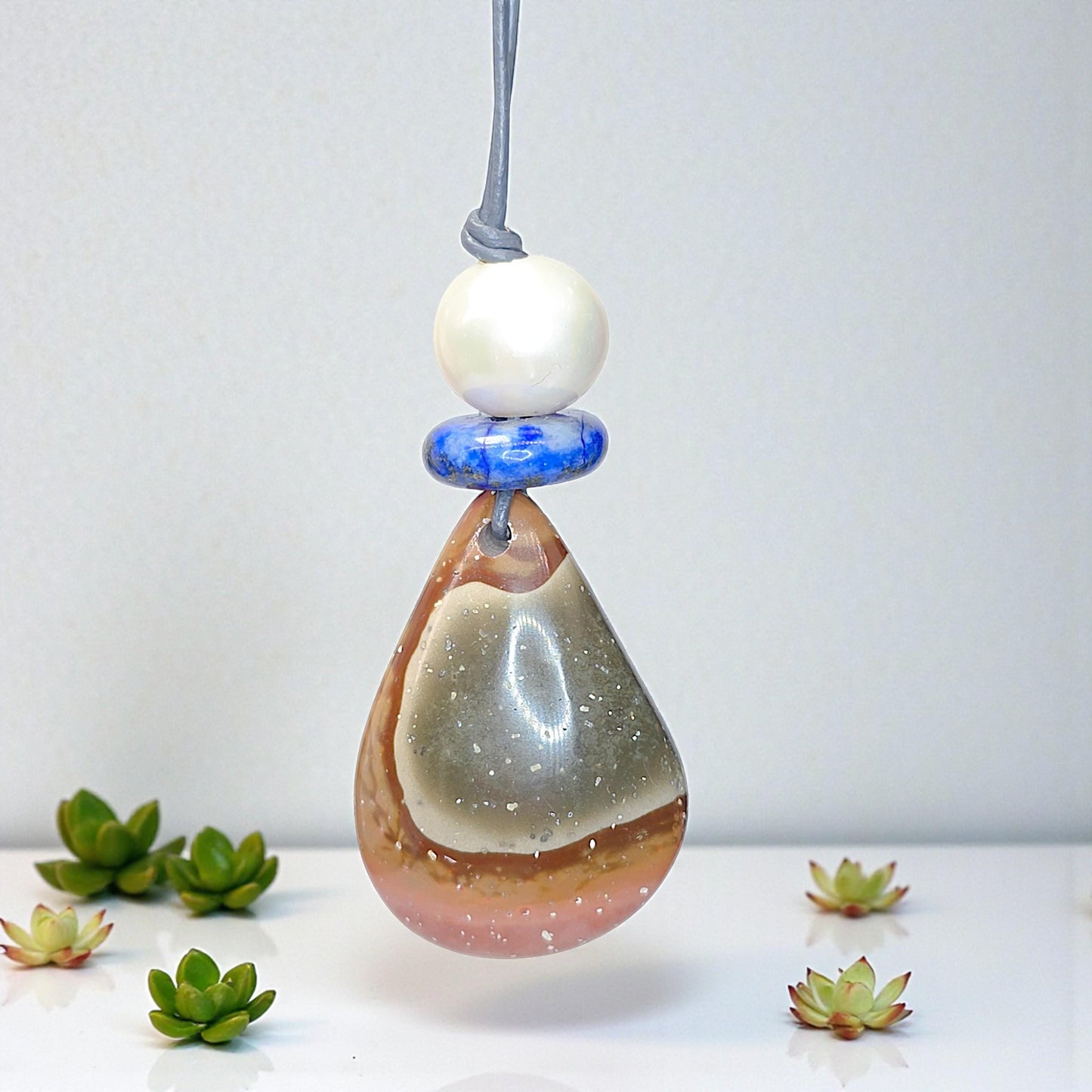 Ocean Jasper Necklace Baroque Pearl Lapis Lazuli Pendant Geometric Chunky Jewelry for Her, Adjustable Leather Cord Birthstone Gift