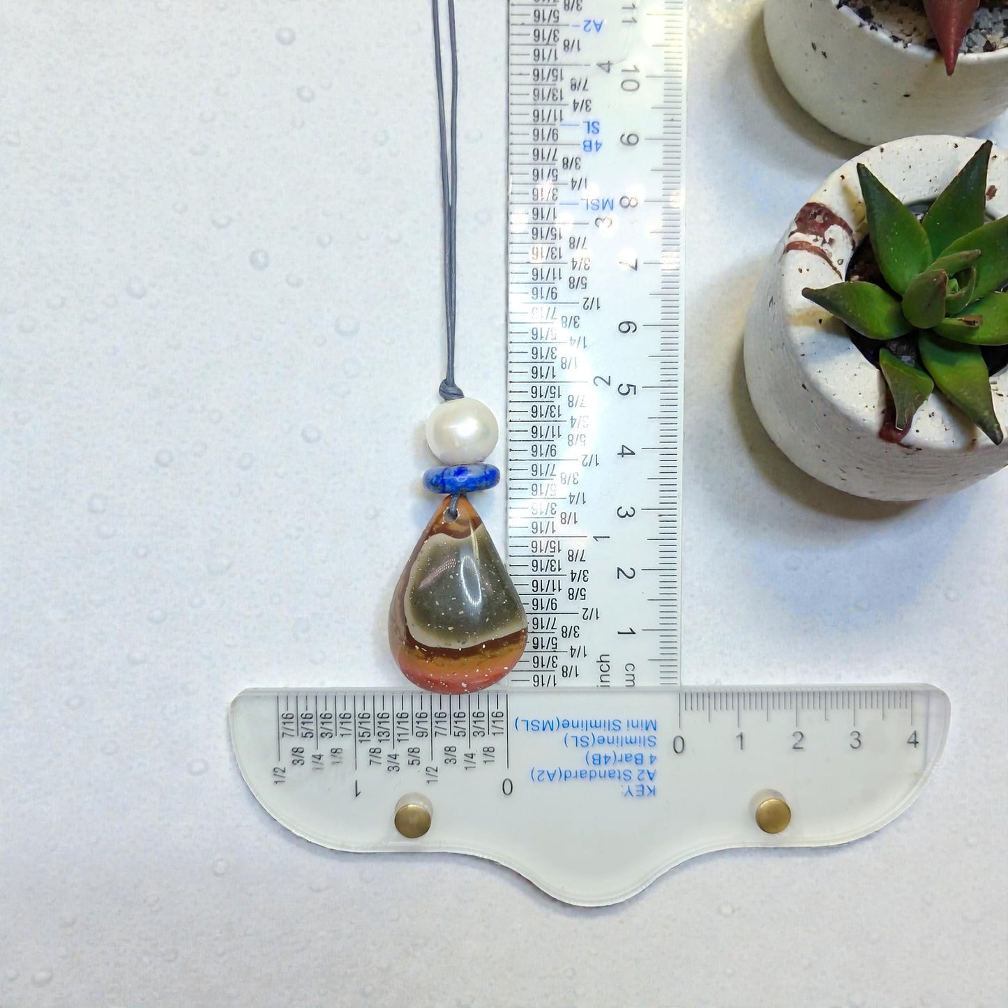 Ocean Jasper Necklace Baroque Pearl Lapis Lazuli Pendant Geometric Chunky Jewelry for Her, Adjustable Leather Cord Birthstone Gift