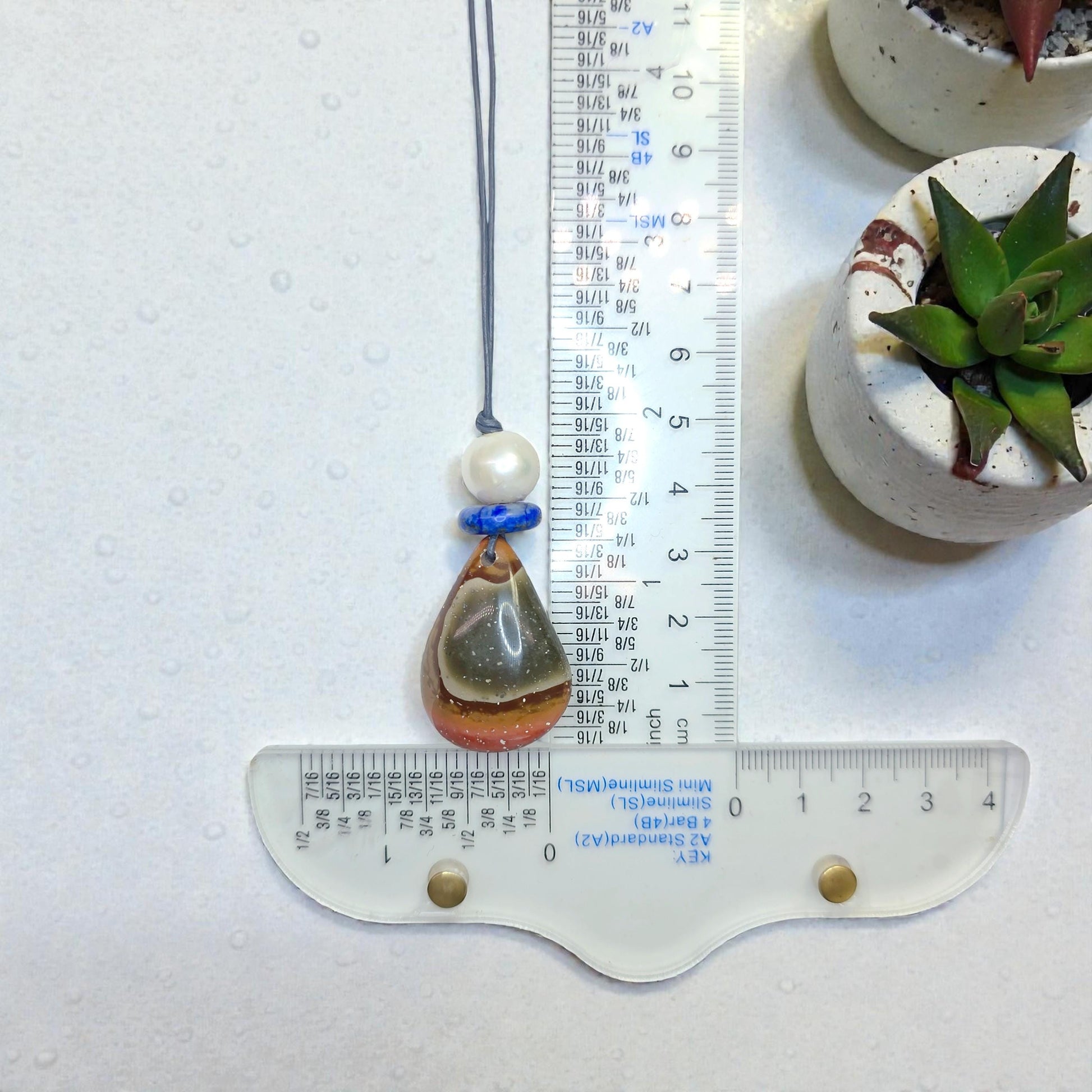 Ocean Jasper Necklace Baroque Pearl Lapis Lazuli Pendant Geometric Chunky Jewelry for Her, Adjustable Leather Cord Birthstone Gift