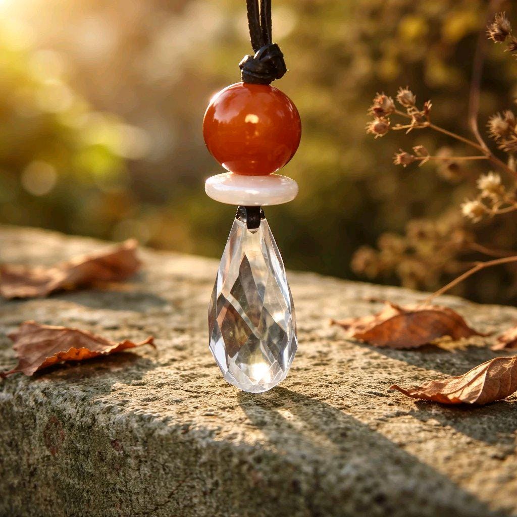 Red Carnelian Necklace Clear Quartz Pendant Geometric Chunky Crystal Jewelry for Men Women, Adjustable Leather Cord Birthstone Gift