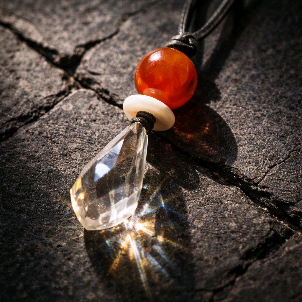 Red Carnelian Necklace Clear Quartz Pendant Geometric Chunky Crystal Jewelry for Men Women, Adjustable Leather Cord Birthstone Gift