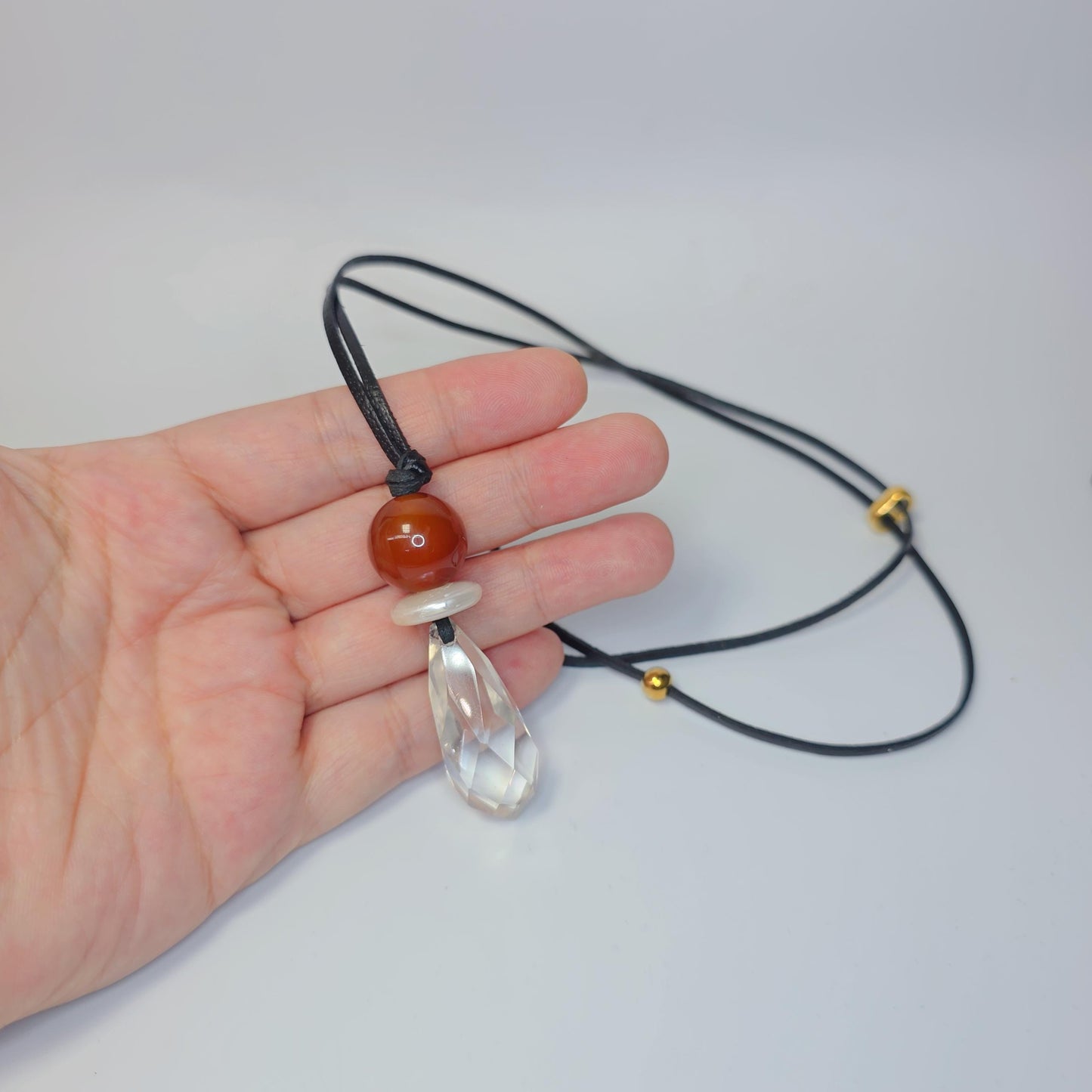 Red Carnelian Necklace Clear Quartz Pendant Geometric Chunky Crystal Jewelry for Men Women, Adjustable Leather Cord Birthstone Gift