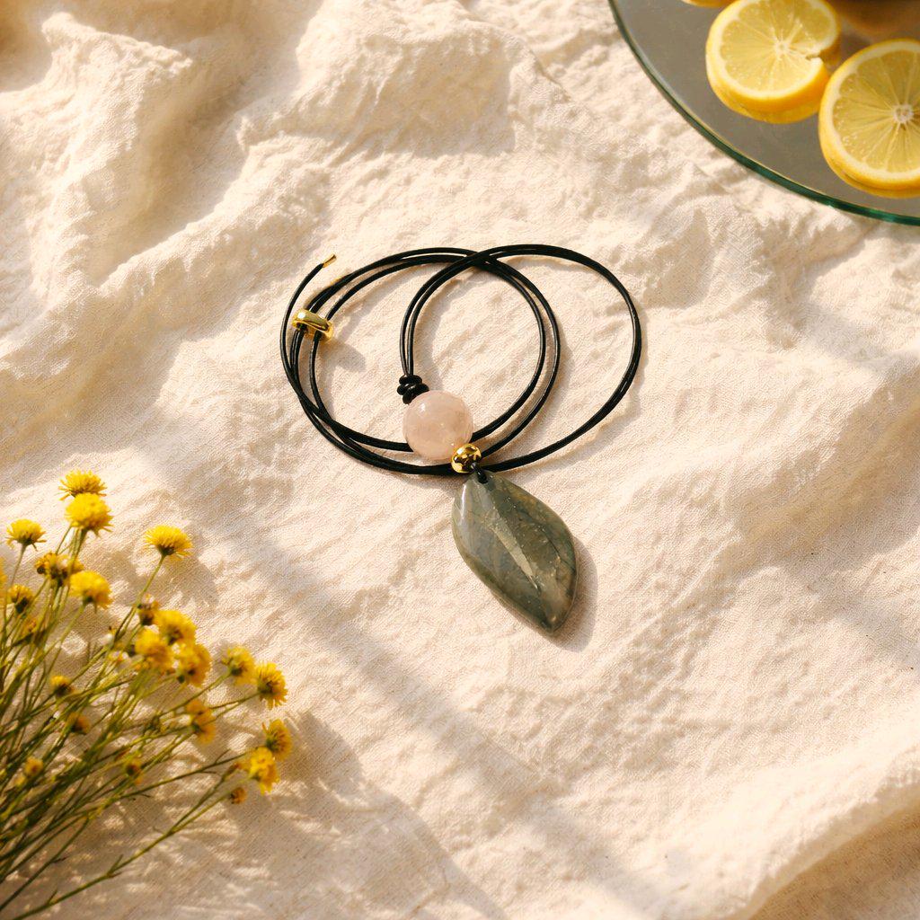 Labradorite Necklace Rose Quartz Pendant Geometric Chunky Crystal Jewelry for Women, Adjustable Leather Cord Birthstone Gift for Her