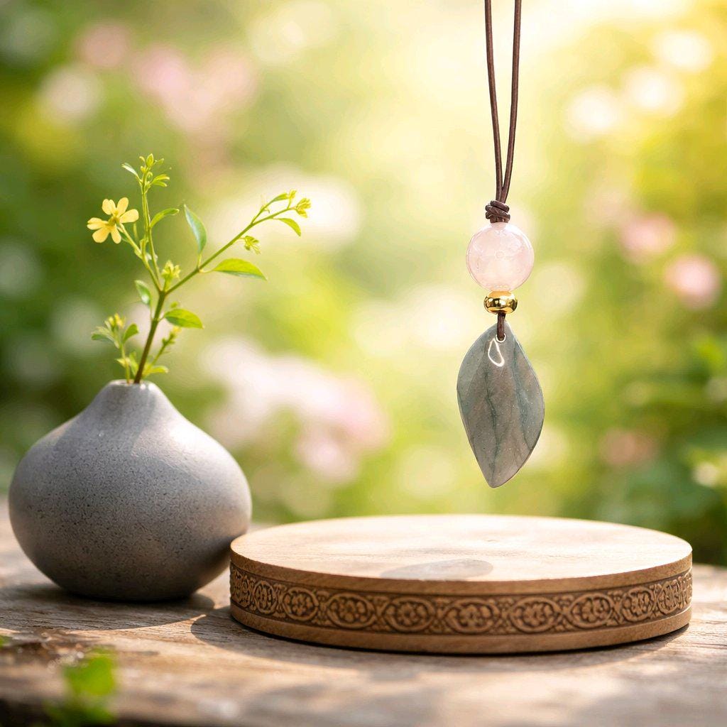 Labradorite Necklace Rose Quartz Pendant Geometric Chunky Crystal Jewelry for Women, Adjustable Leather Cord Birthstone Gift for Her