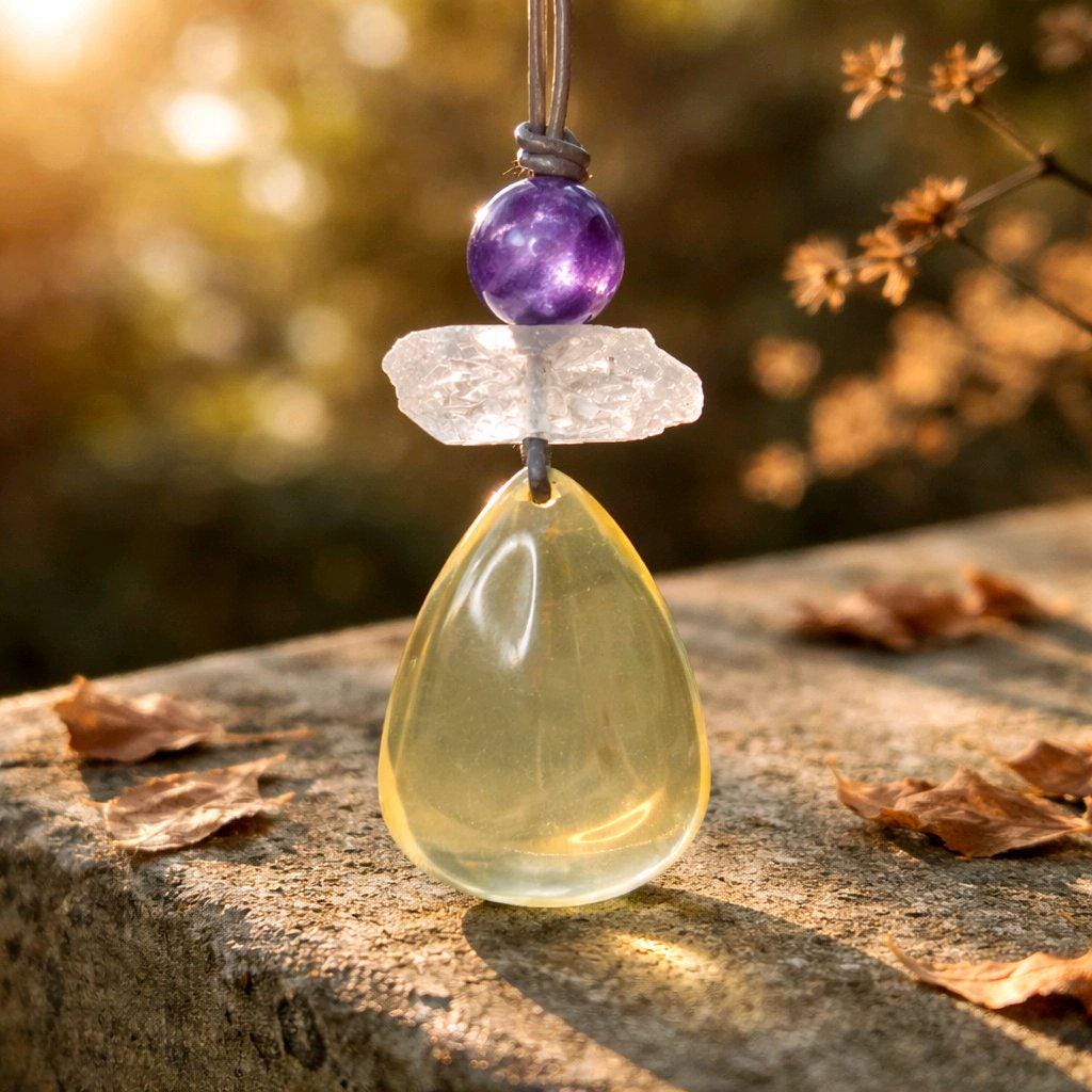 Citrine Necklace Amethyst Quartz Crystal Pendant Geometric Chunky Jewelry for Women Men, Adjustable Leather Cord Birthstone Gift