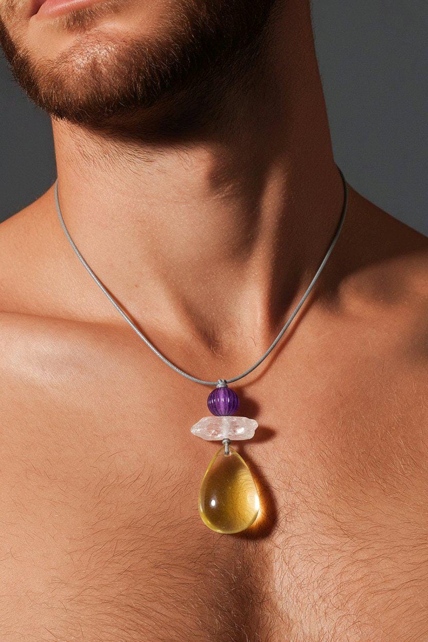Citrine Necklace Amethyst Quartz Crystal Pendant Geometric Chunky Jewelry for Women Men, Adjustable Leather Cord Birthstone Gift