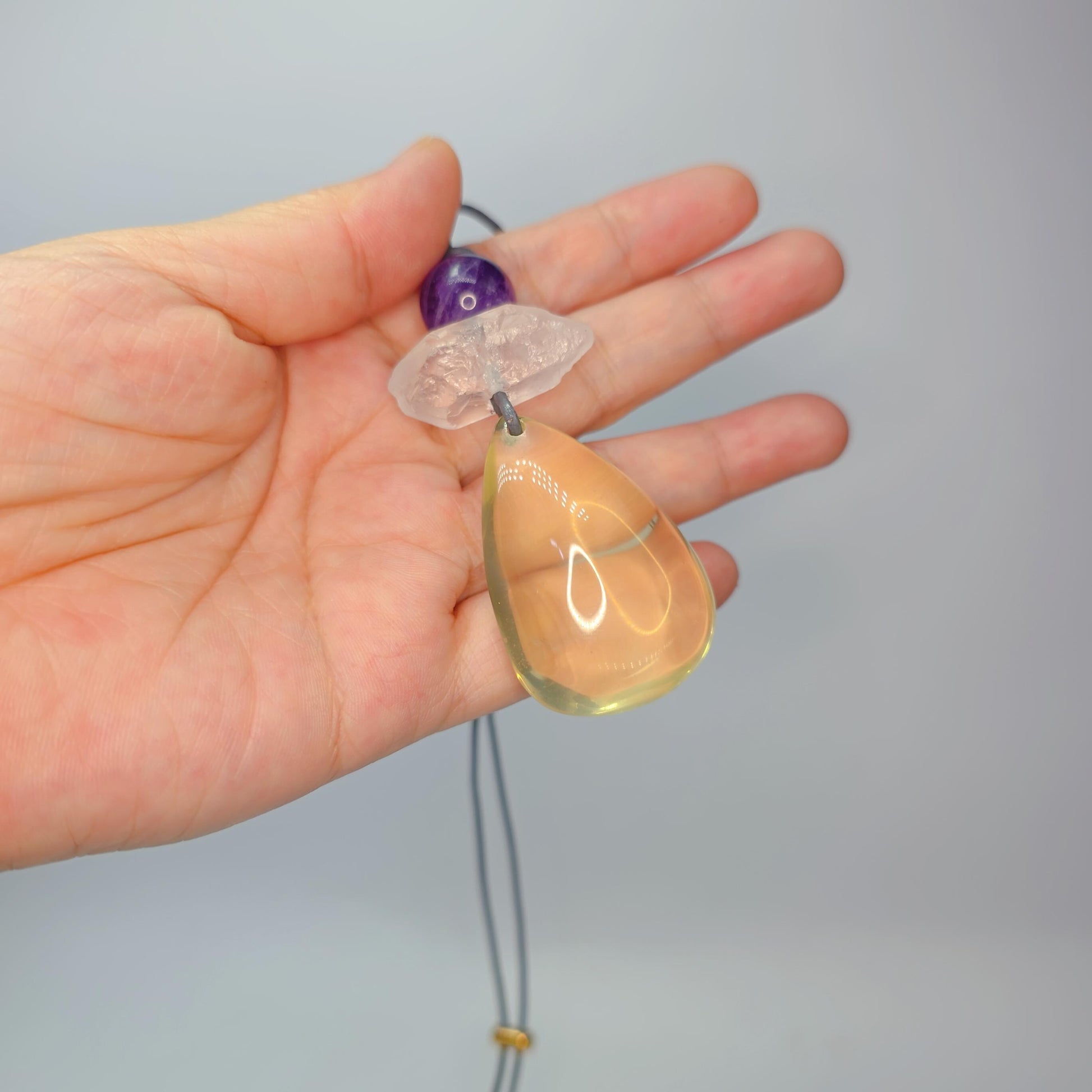 Citrine Necklace Amethyst Quartz Crystal Pendant Geometric Chunky Jewelry for Women Men, Adjustable Leather Cord Birthstone Gift