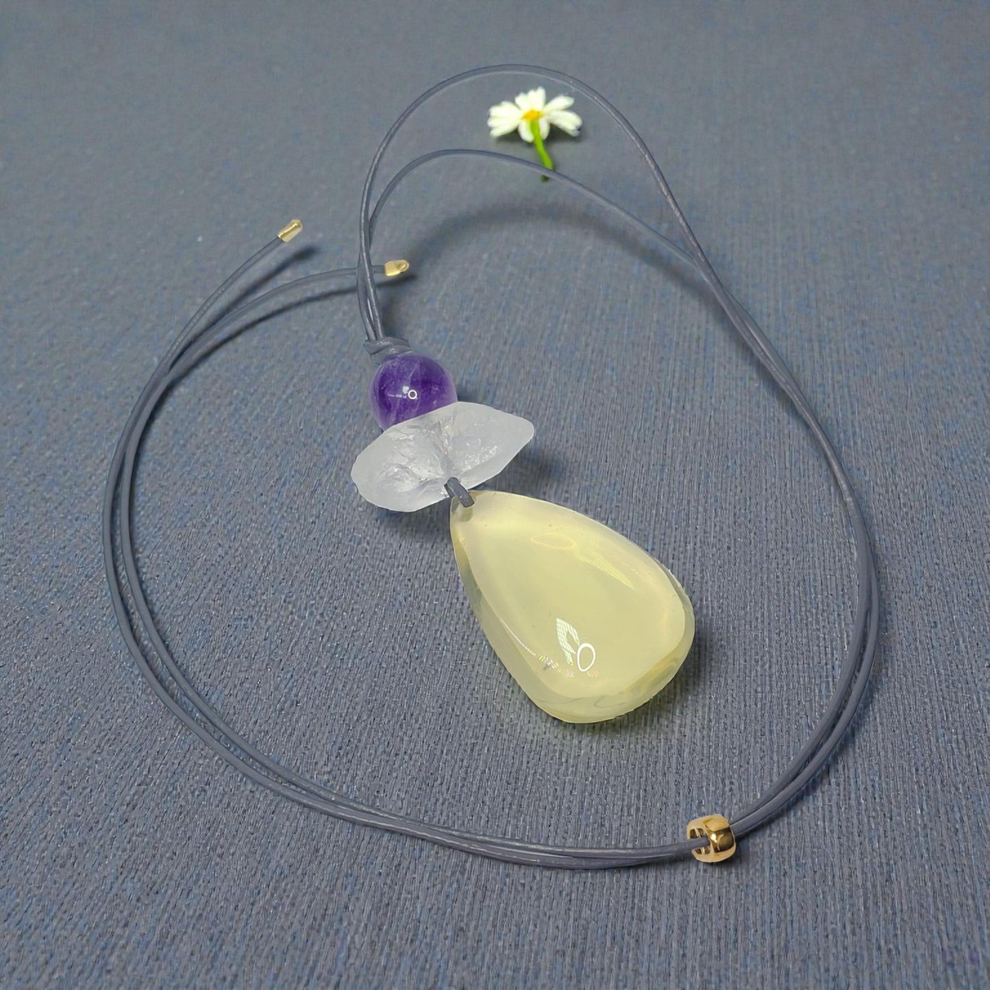 Citrine Necklace Amethyst Quartz Crystal Pendant Geometric Chunky Jewelry for Women Men, Adjustable Leather Cord Birthstone Gift