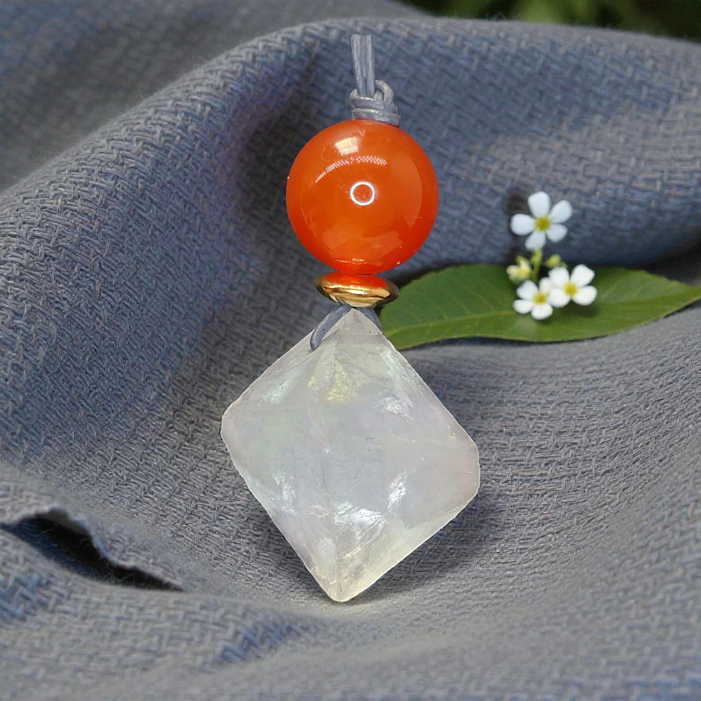 Fluorite Necklace Red Carnelian Pendant Geometric Chunky Crystal Jewelry for Women, Adjustable Leather Cord Birthstone Gift for Her