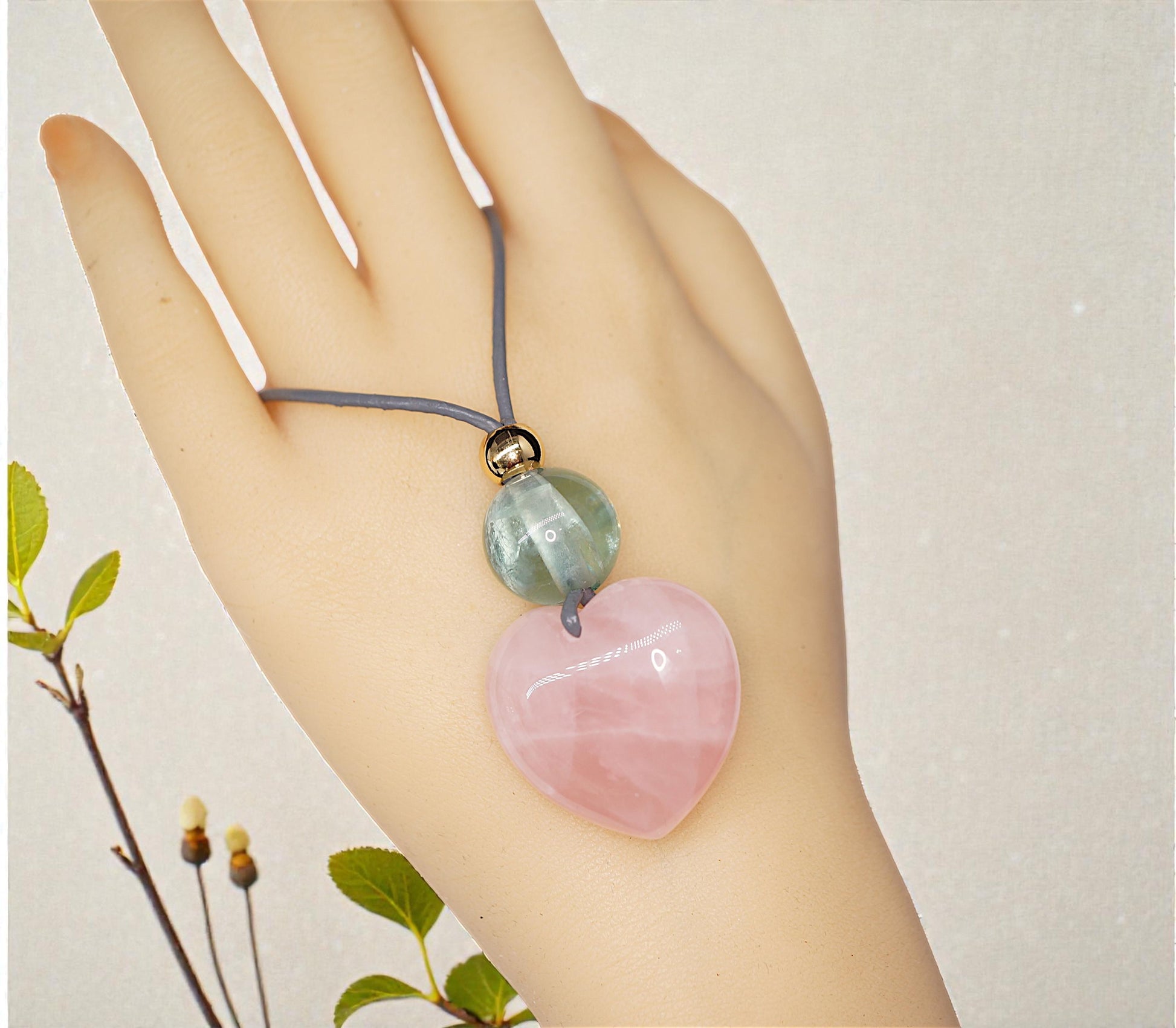 Chunky Rose Quartz Heart Necklace on 30" Adjustable Real Leather Cord, Geometric Green Fluorite Pendant, Large Natural Crystal Gift #2538