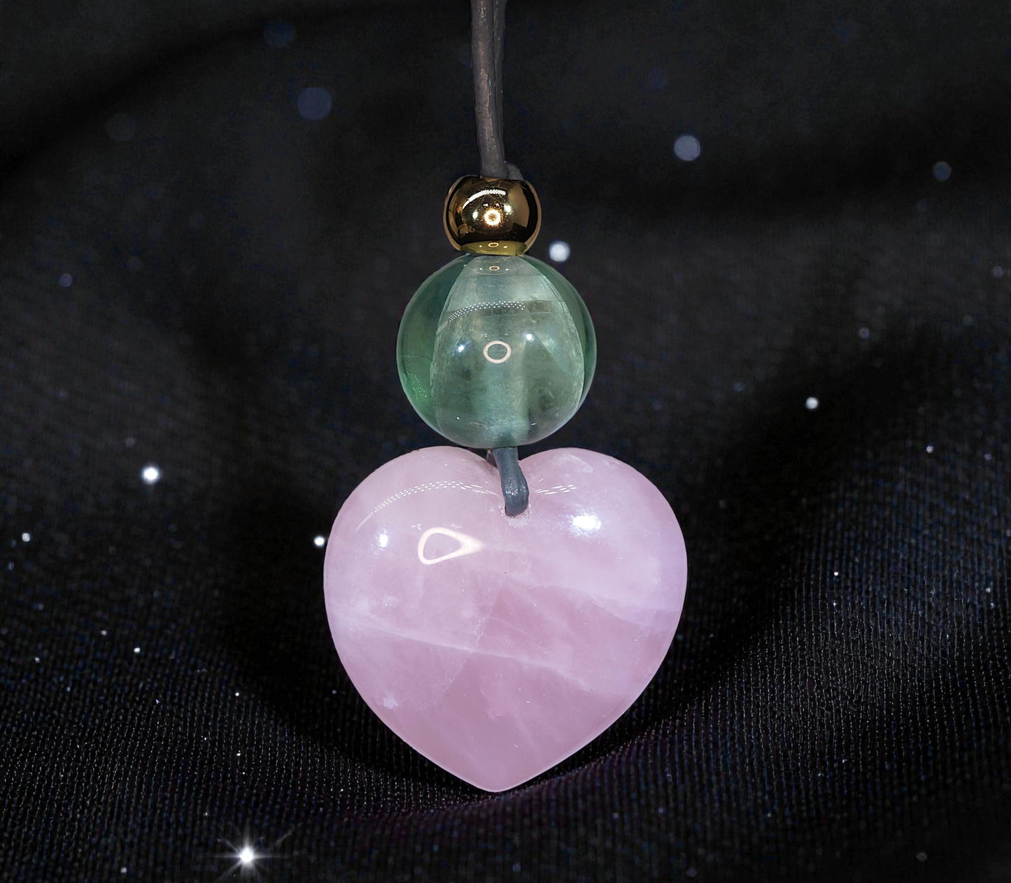 Chunky Rose Quartz Heart Necklace on 30" Adjustable Real Leather Cord, Geometric Green Fluorite Pendant, Large Natural Crystal Gift #2538