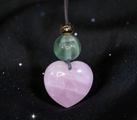 Chunky Rose Quartz Heart Necklace on 30" Adjustable Real Leather Cord, Geometric Green Fluorite Pendant, Large Natural Crystal Gift #2538