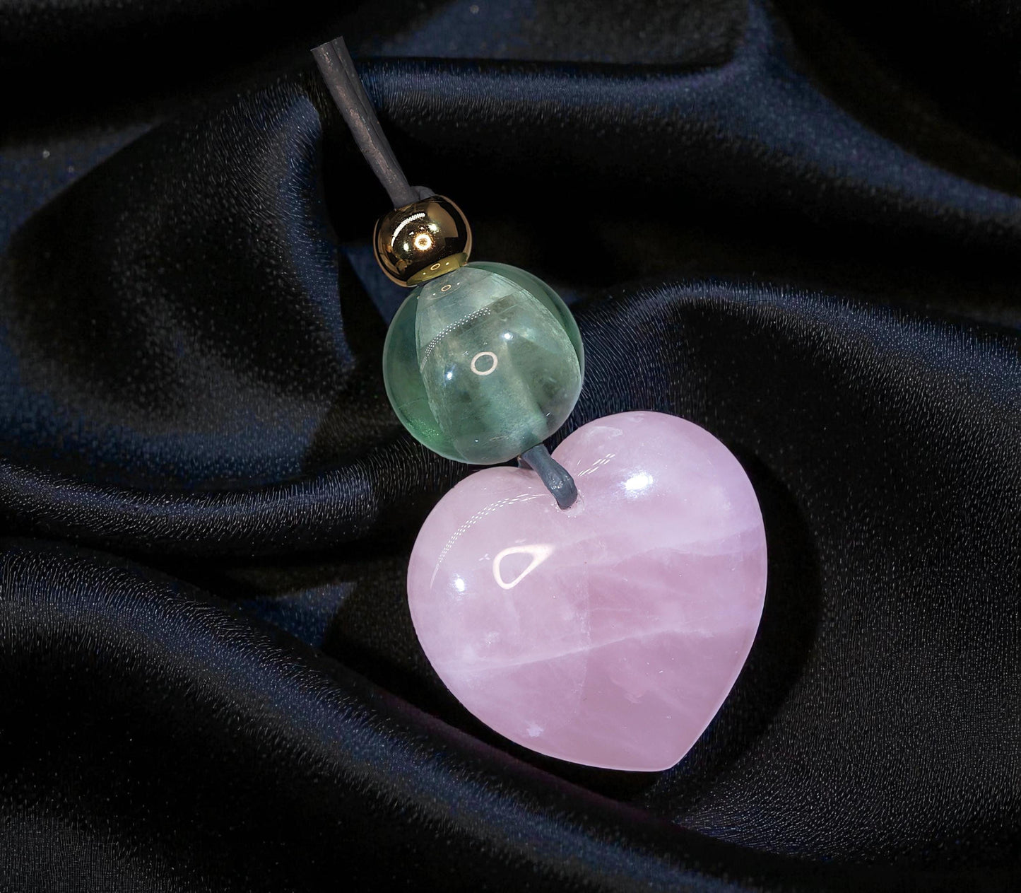 Chunky Rose Quartz Heart Necklace on 30" Adjustable Real Leather Cord, Geometric Green Fluorite Pendant, Large Natural Crystal Gift #2538