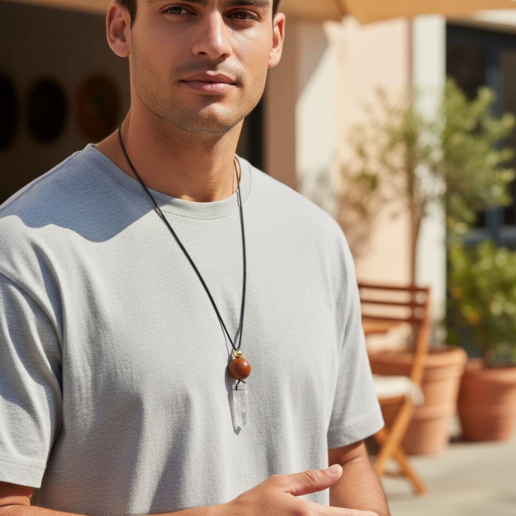 Chunky Clear Quartz Wand Necklace, Geometric Red Jasper Pendant on 30" Adjustable Real Leather Cord, Large Natural Crystal Healing #2539