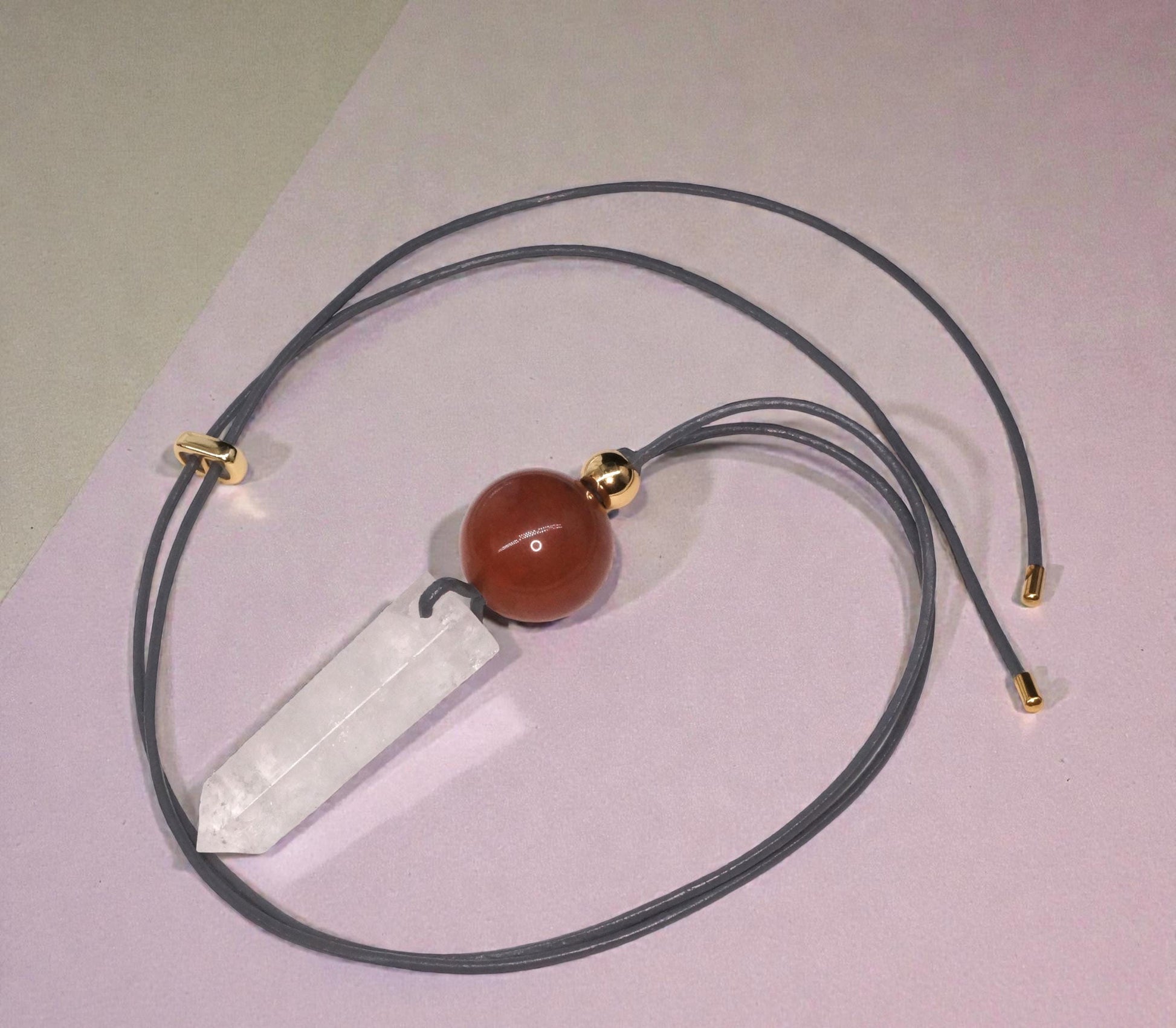 Chunky Clear Quartz Wand Necklace, Geometric Red Jasper Pendant on 30" Adjustable Real Leather Cord, Large Natural Crystal Healing #2539