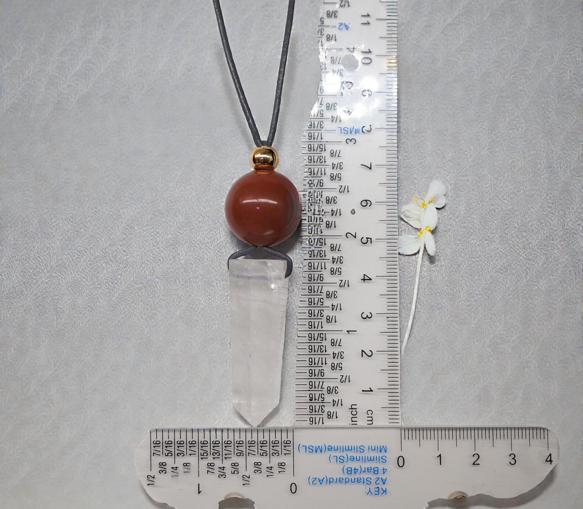 Chunky Clear Quartz Wand Necklace, Geometric Red Jasper Pendant on 30" Adjustable Real Leather Cord, Large Natural Crystal Healing #2539