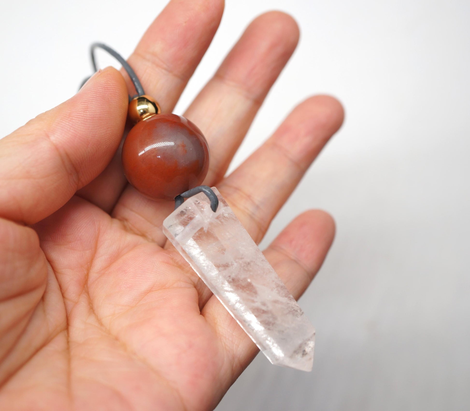 Chunky Clear Quartz Wand Necklace, Geometric Red Jasper Pendant on 30" Adjustable Real Leather Cord, Large Natural Crystal Healing #2539