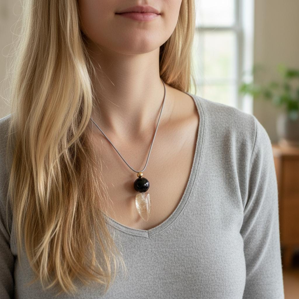 Chunky Citrine Shield Necklace, Geometric Black Obsidian Pendant on 30" Adjustable Real Leather Cord, Large Natural Crystal Protection #2540