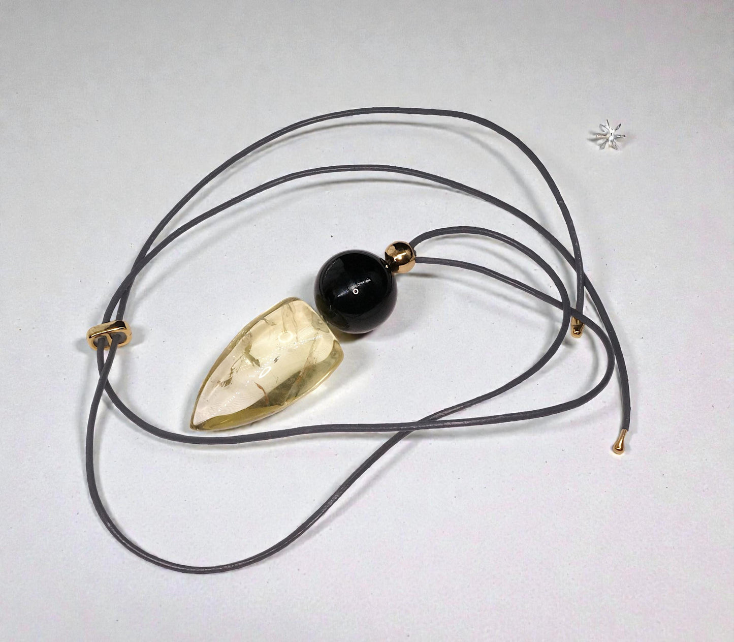 Chunky Citrine Shield Necklace, Geometric Black Obsidian Pendant on 30" Adjustable Real Leather Cord, Large Natural Crystal Protection #2540