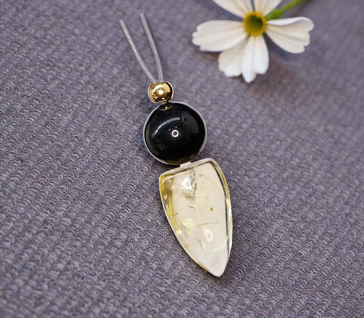 Chunky Citrine Shield Necklace, Geometric Black Obsidian Pendant on 30" Adjustable Real Leather Cord, Large Natural Crystal Protection #2540