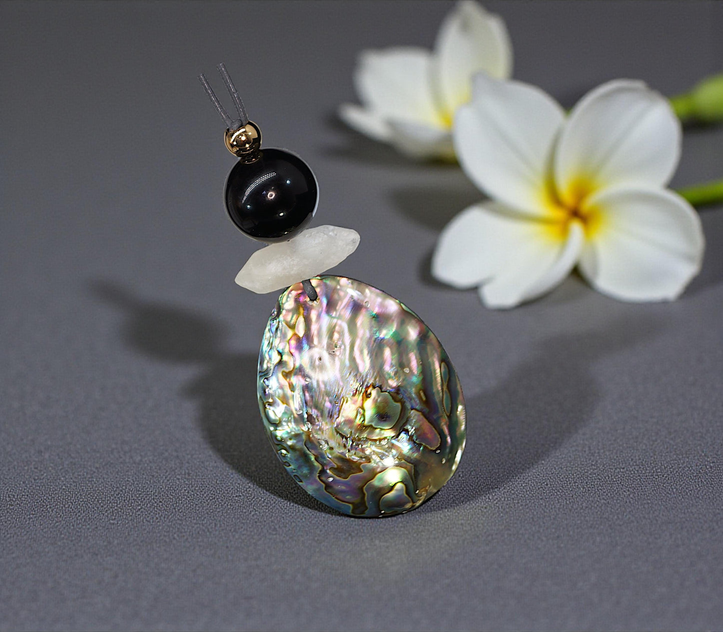 Chunky Abalone Shell Necklace, Geometric Obsidian & Quartz Pendant, 30" Adjustable Leather Cord, Natural Double-Sided Shell Gift #2541