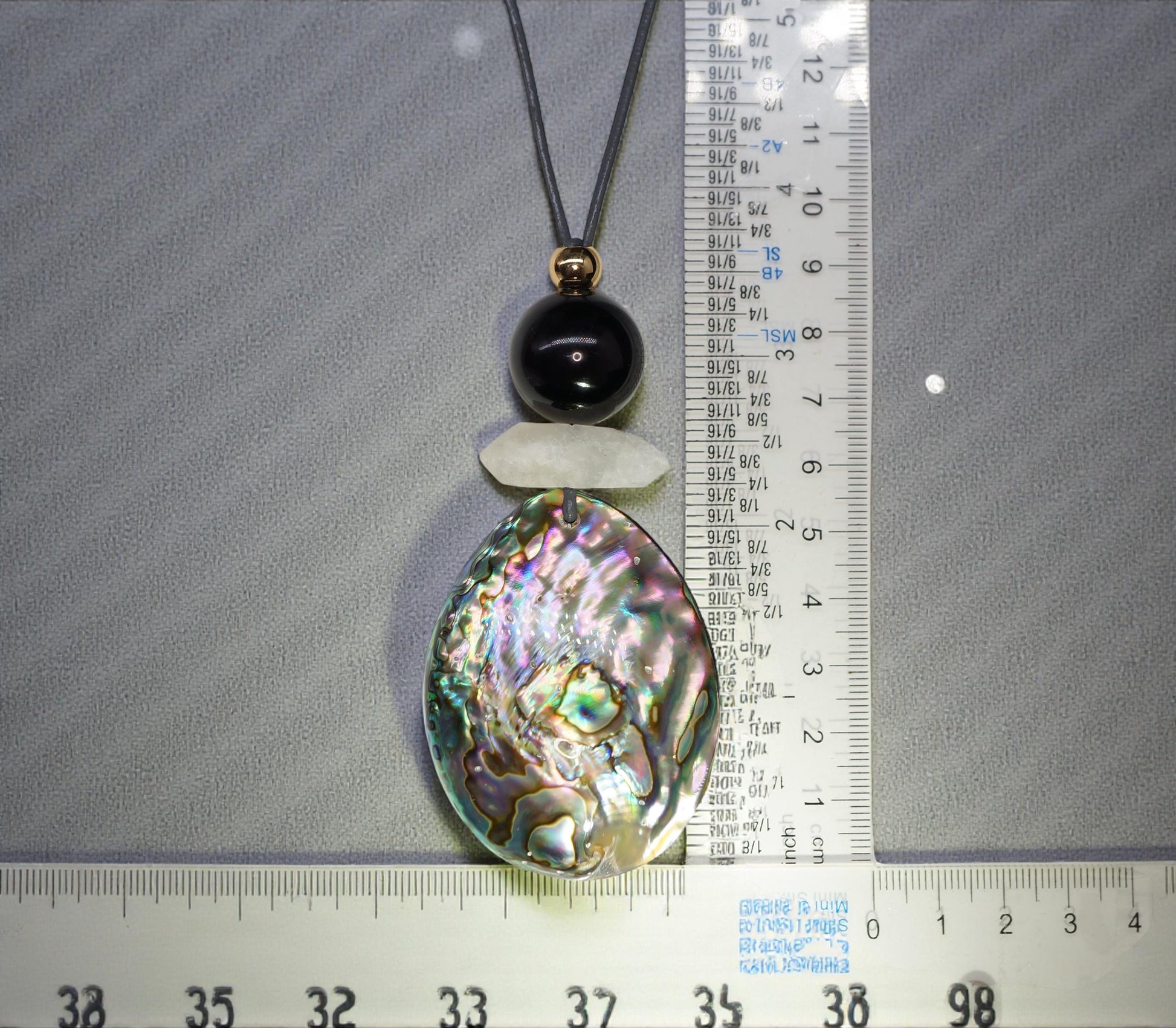 Chunky Abalone Shell Necklace, Geometric Obsidian & Quartz Pendant, 30" Adjustable Leather Cord, Natural Double-Sided Shell Gift #2541