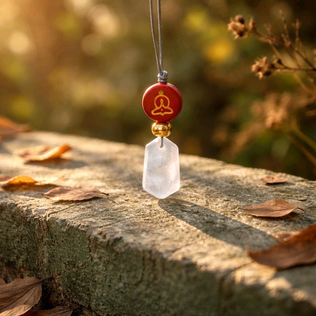 Clear Quartz Necklace Healing Crystal Pendant, Chunky Wood Buddha Geometric Jewelry for Men Women with Adjustable Leather Cord