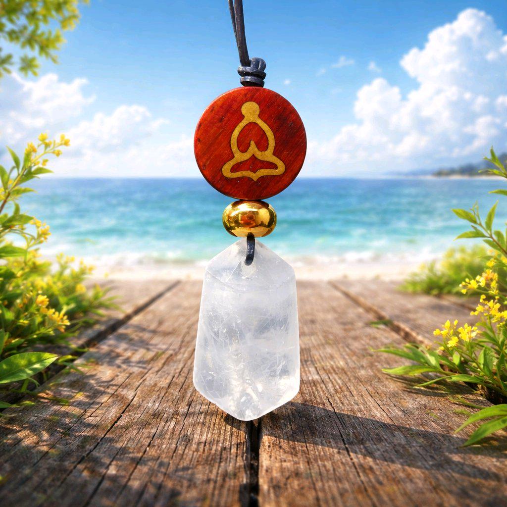 Clear Quartz Necklace Healing Crystal Pendant, Chunky Wood Buddha Geometric Jewelry for Men Women with Adjustable Leather Cord