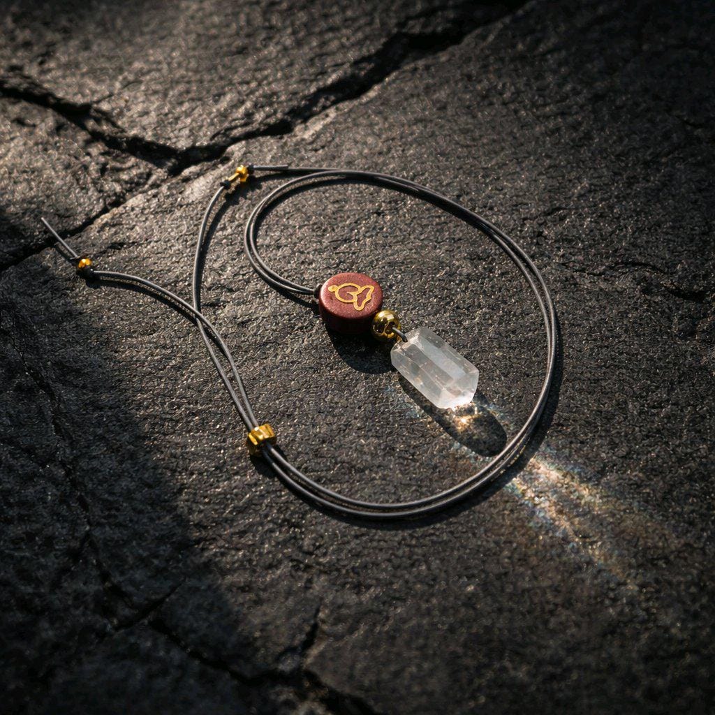 Clear Quartz Necklace Healing Crystal Pendant, Chunky Wood Buddha Geometric Jewelry for Men Women with Adjustable Leather Cord