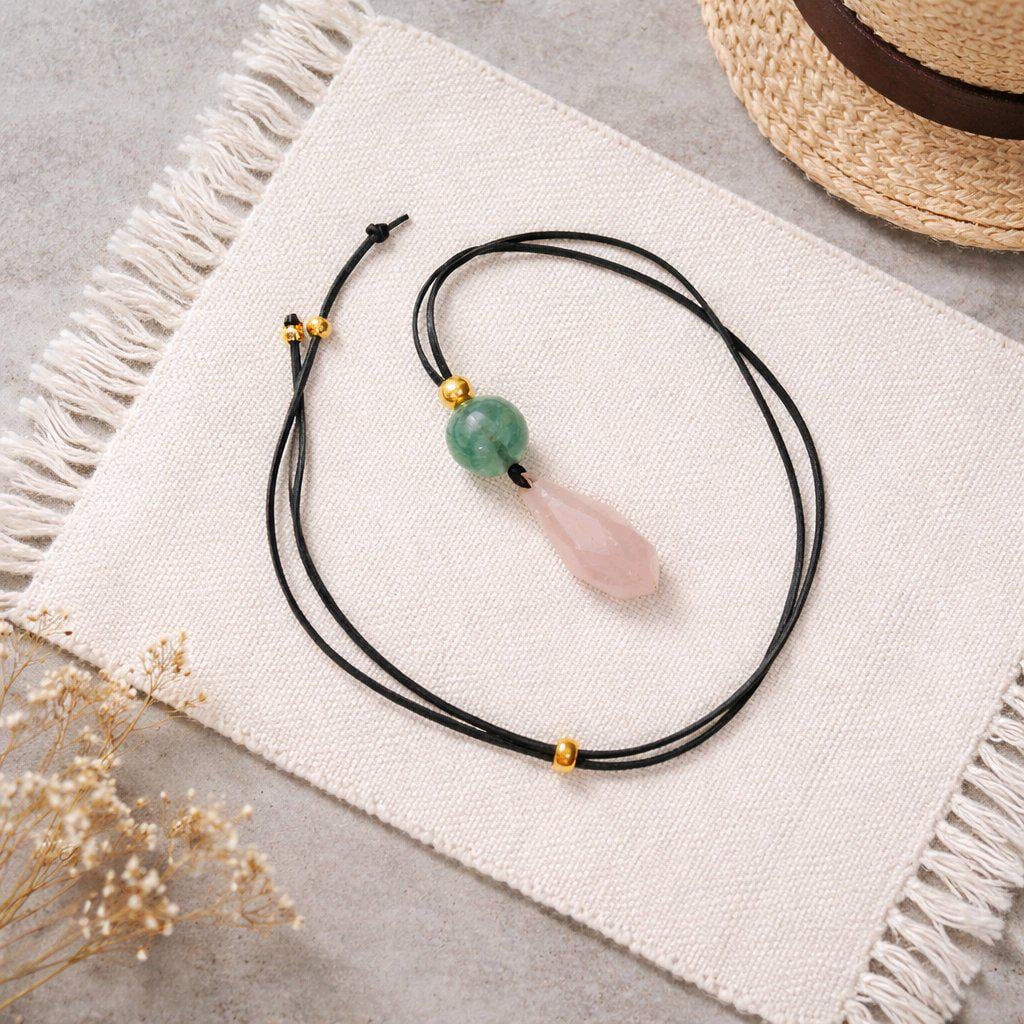 Rose Quartz Necklace Faceted Crystal Pendant, Chunky Fluorite Geometric Jewelry for Women with Adjustable Leather Cord up to 30 inches.