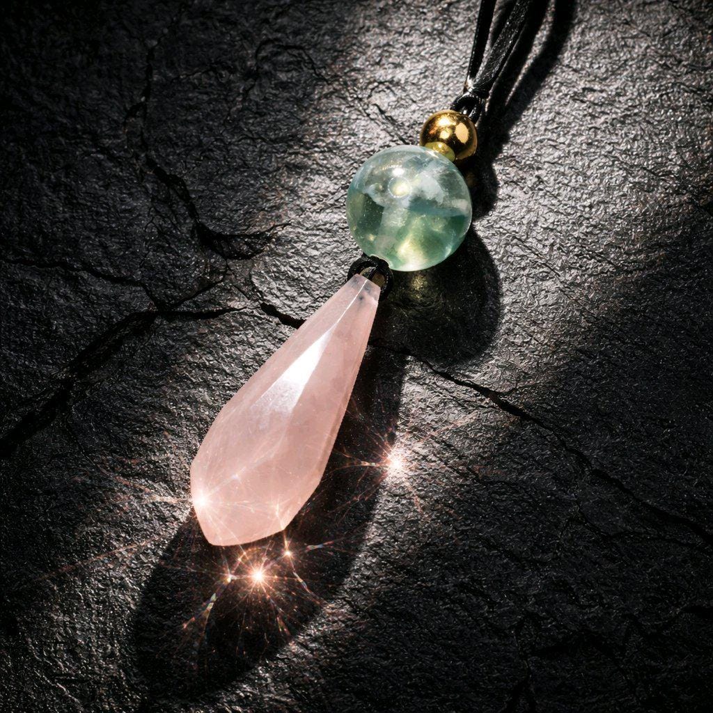 Rose Quartz Necklace Faceted Crystal Pendant, Chunky Fluorite Geometric Jewelry for Women with Adjustable Leather Cord up to 30 inches.