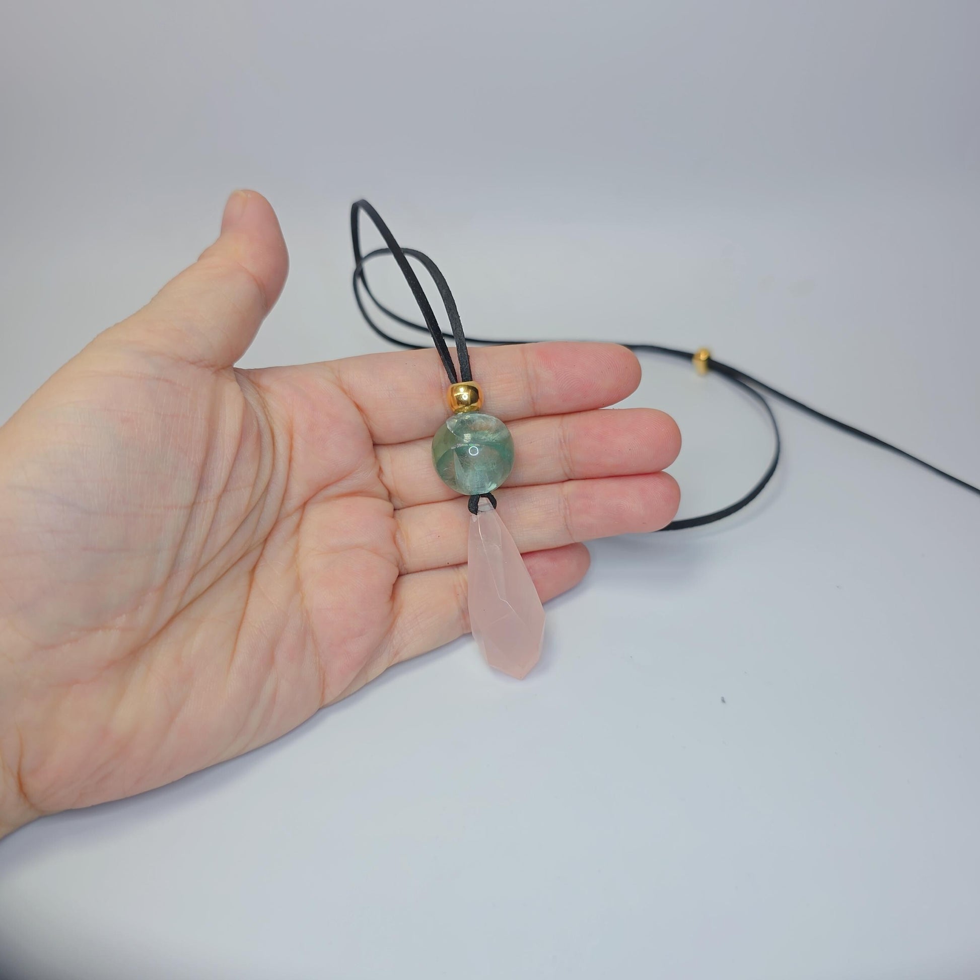 Rose Quartz Necklace Faceted Crystal Pendant, Chunky Fluorite Geometric Jewelry for Women with Adjustable Leather Cord up to 30 inches.