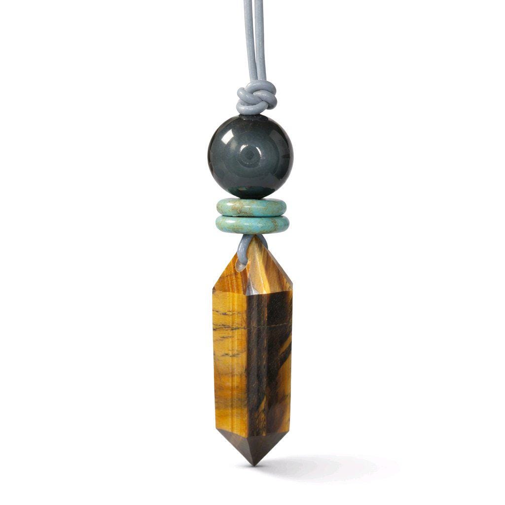 Tigers Eye Necklace Healing Crystal Pendant, Chunky Obsidian Geometric Jewelry for Men Women with Adjustable Leather Cord