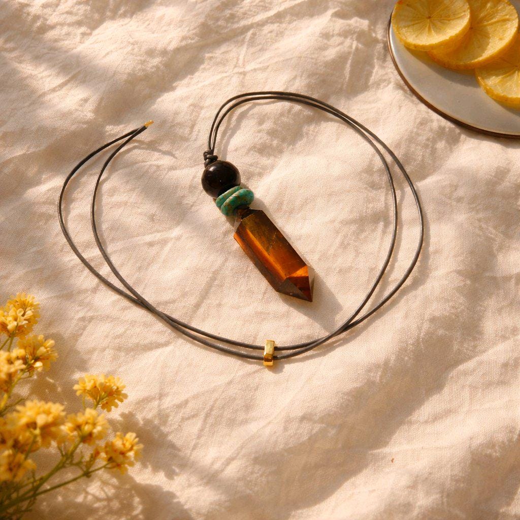 Tigers Eye Necklace Healing Crystal Pendant, Chunky Obsidian Geometric Jewelry for Men Women with Adjustable Leather Cord