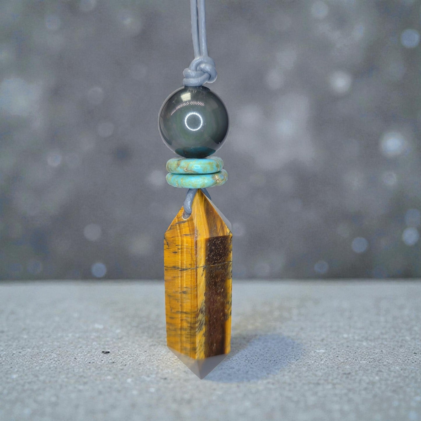 Tigers Eye Necklace Healing Crystal Pendant, Chunky Obsidian Geometric Jewelry for Men Women with Adjustable Leather Cord