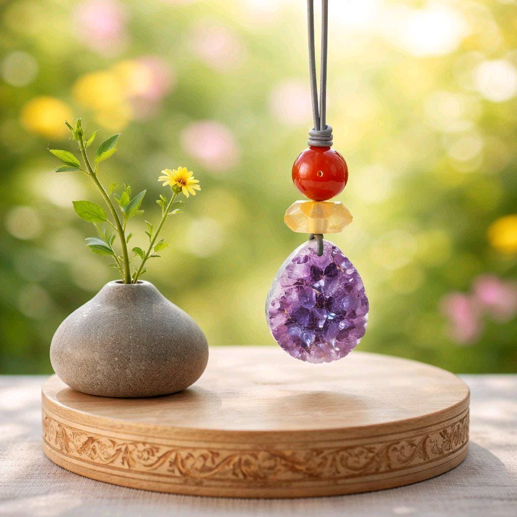 Amethyst Necklace Natural Crystal Druzy Pendant, Chunky Carnelian Geometric Jewelry for Men Women with Adjustable Leather Cord up to 30