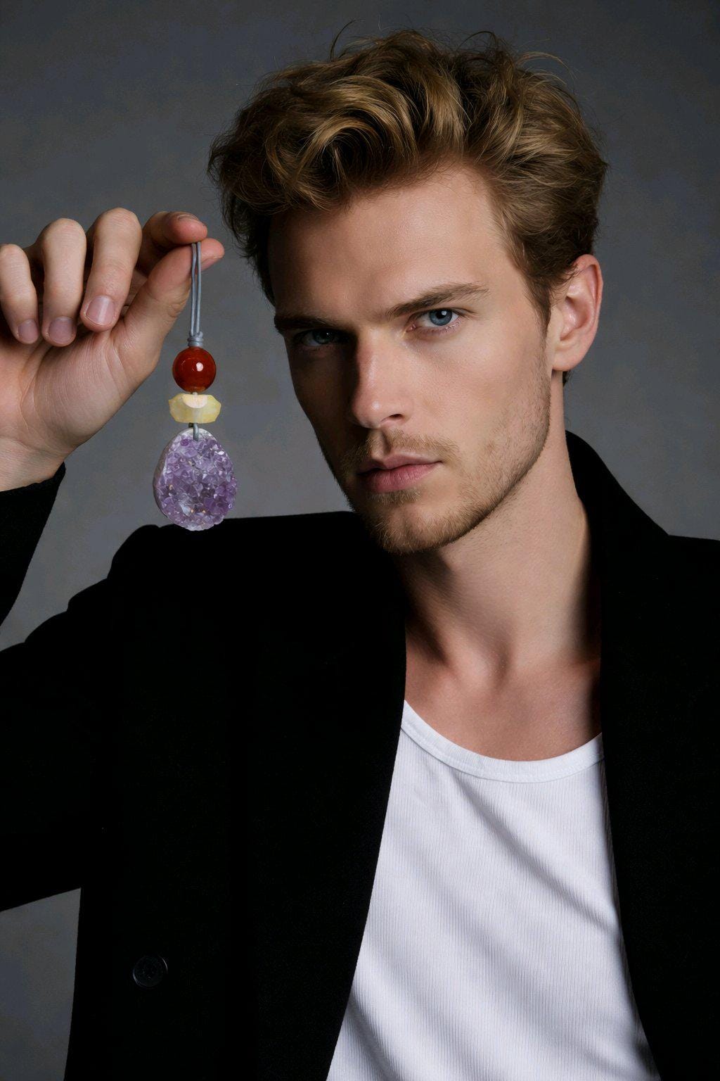 Amethyst Necklace Natural Crystal Druzy Pendant, Chunky Carnelian Geometric Jewelry for Men Women with Adjustable Leather Cord up to 30